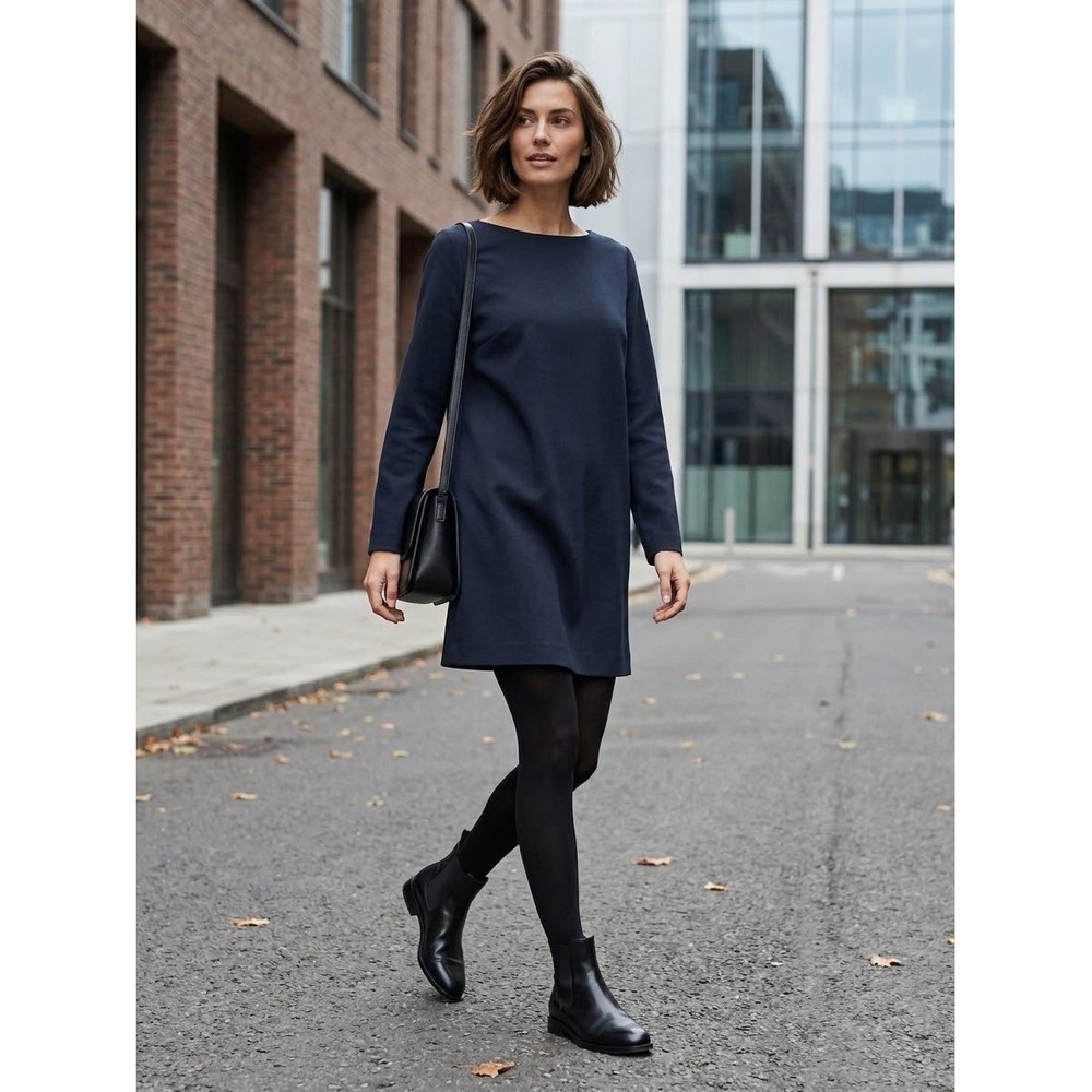COS Minimalist Dark Navy Blue Long Sleeve Ponte Knit Shift Mini Dress Large